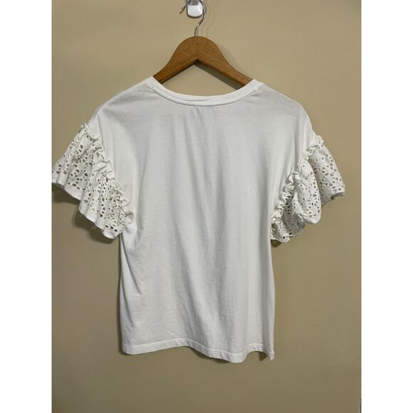 AllSaints White Trixi Eyelet Ruffle Short Sleeves Cotton Tee Shirt Top Sz S - Picture 2 of 6